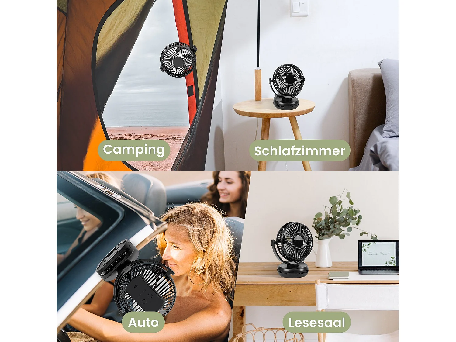 NETTLIFE ventilateur Petit de table USB avec batterie 10 000 mAh silencieux à 4 vitesses incluant une lumière LED modèle 3-en-1 noir idéal pour tente