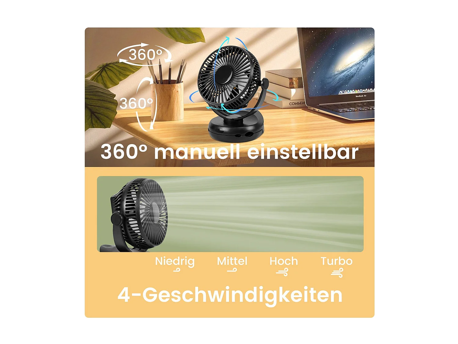 NETTLIFE ventilateur Petit de table USB avec batterie 10 000 mAh silencieux à 4 vitesses incluant une lumière LED modèle 3-en-1 noir idéal pour tente