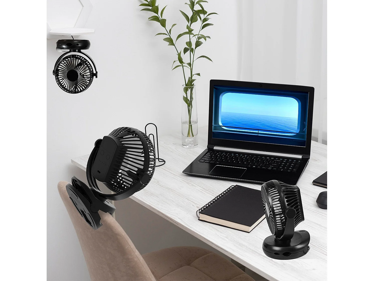 NETTLIFE ventilateur Petit de table USB avec batterie 10 000 mAh silencieux à 4 vitesses incluant une lumière LED modèle 3-en-1 noir idéal pour tente