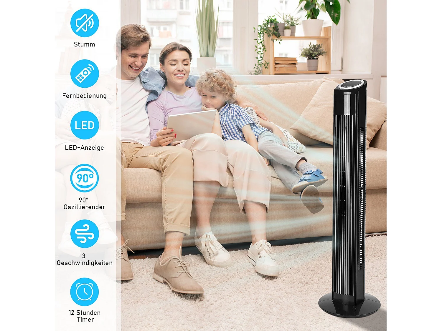 NETTLIFE Cichy wentylator stojący 90° Oscylacja z pilotem Wysokość 98,5 cm Kolor czarny 3 prędkości 12H Timer i wyświetlacz LED