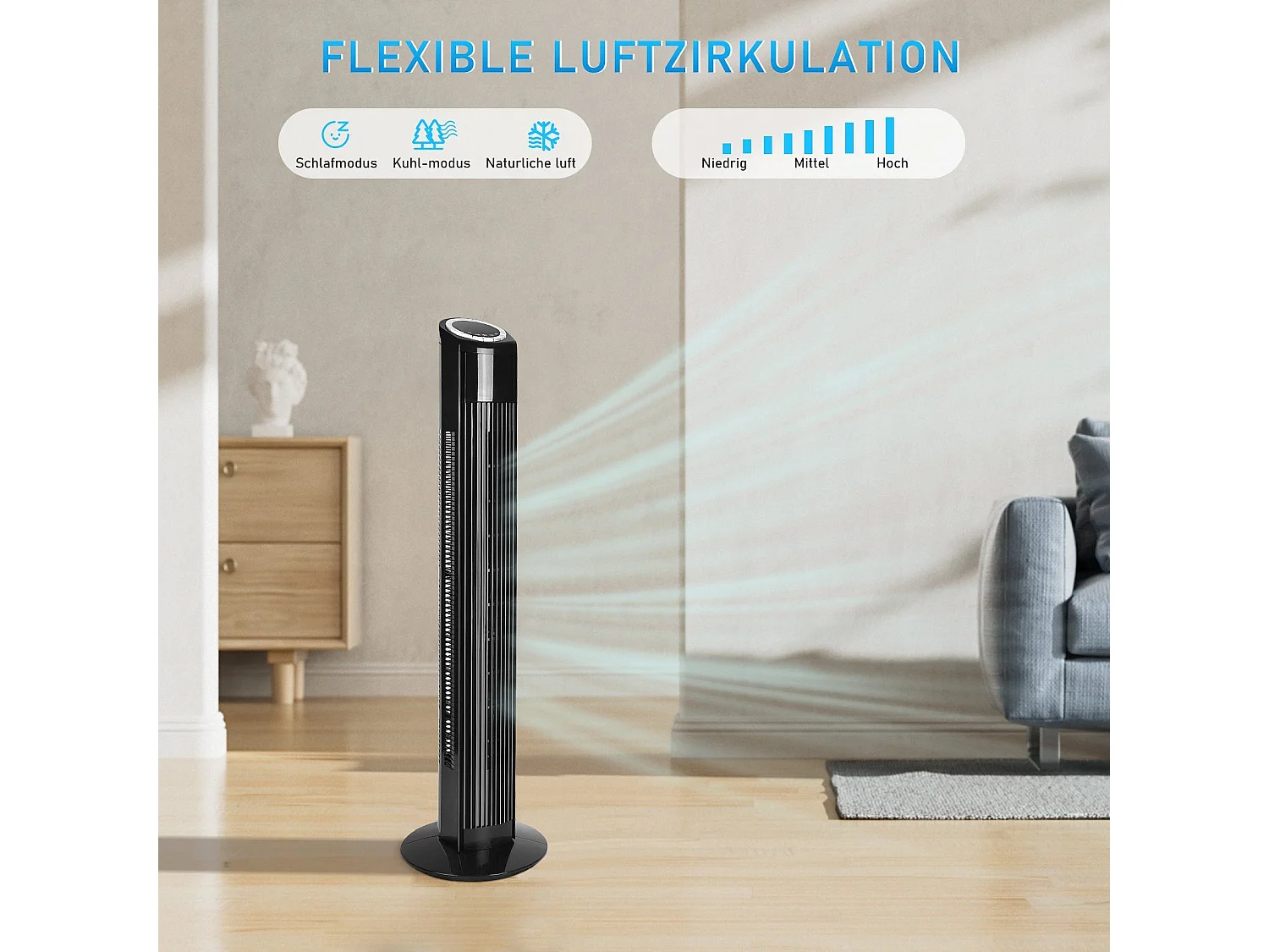 NETTLIFE Cichy wentylator stojący 90° Oscylacja z pilotem Wysokość 98,5 cm Kolor czarny 3 prędkości 12H Timer i wyświetlacz LED