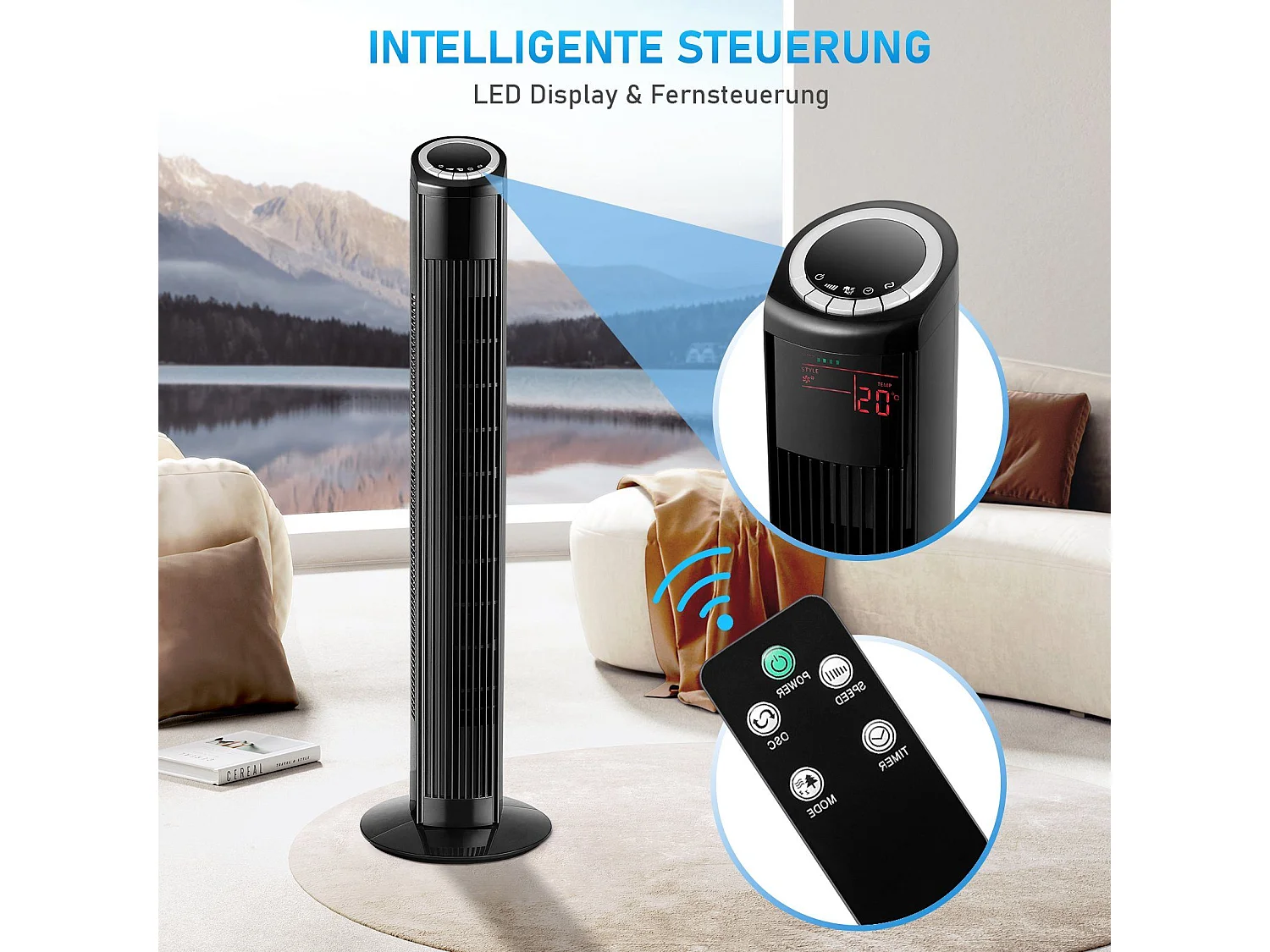 NETTLIFE Cichy wentylator stojący 90° Oscylacja z pilotem Wysokość 98,5 cm Kolor czarny 3 prędkości 12H Timer i wyświetlacz LED