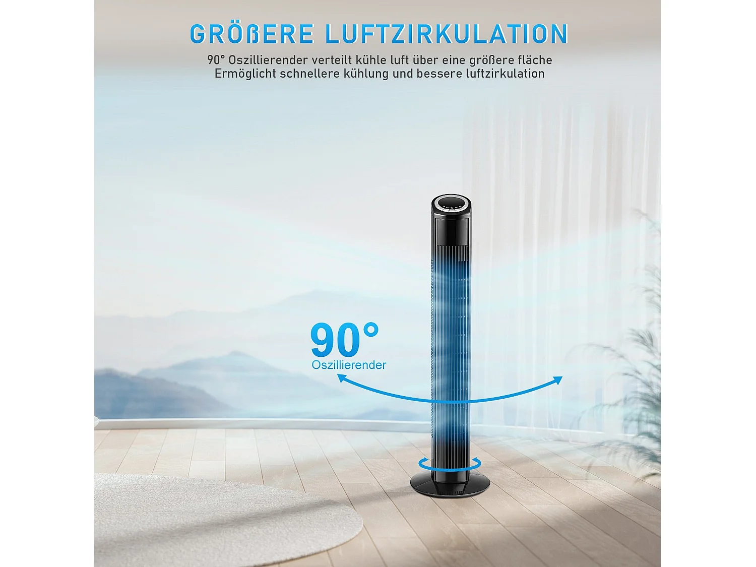 NETTLIFE Cichy wentylator stojący 90° Oscylacja z pilotem Wysokość 98,5 cm Kolor czarny 3 prędkości 12H Timer i wyświetlacz LED