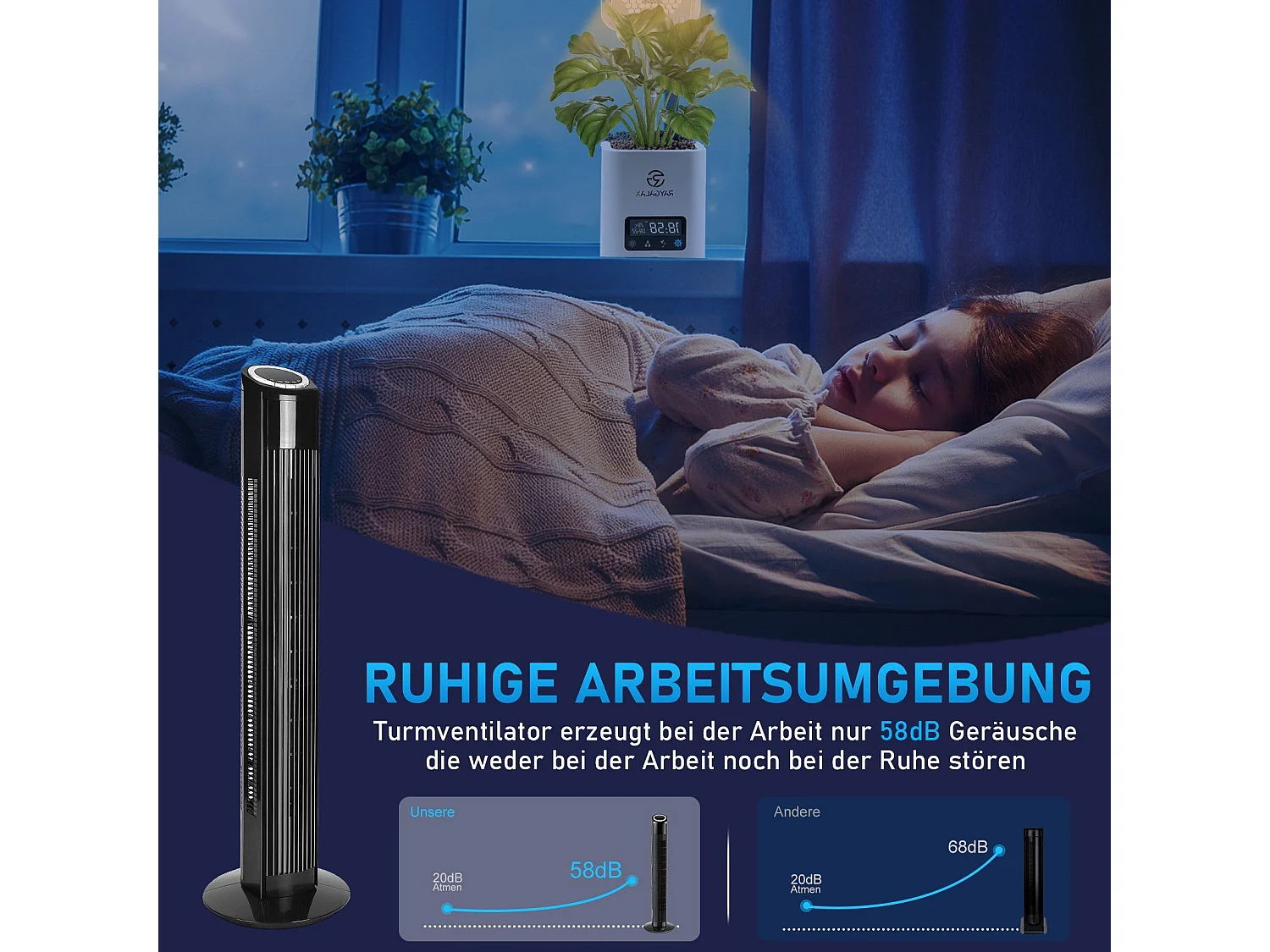 NETTLIFE Cichy wentylator stojący 90° Oscylacja z pilotem Wysokość 98,5 cm Kolor czarny 3 prędkości 12H Timer i wyświetlacz LED