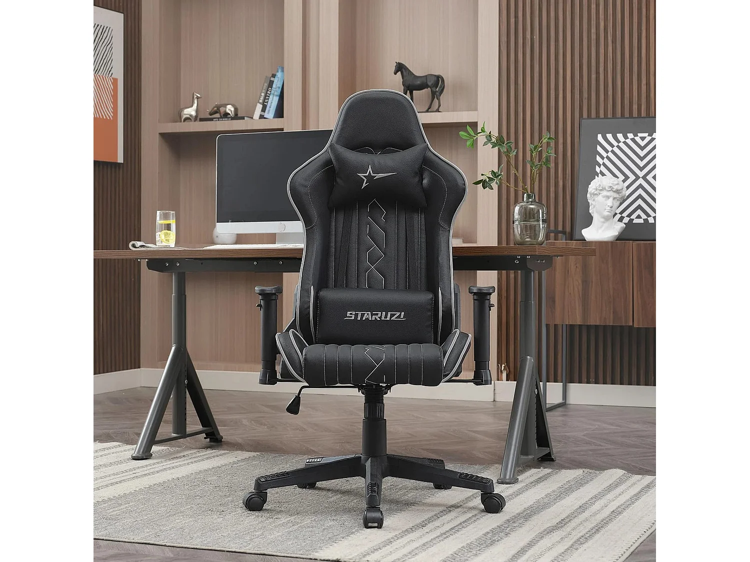 NETTLIFE Chaise De Jeu Chaise De Jeu Ergonomique Avec Coussin Lombaire Réglable 150 Kg Noir Gris