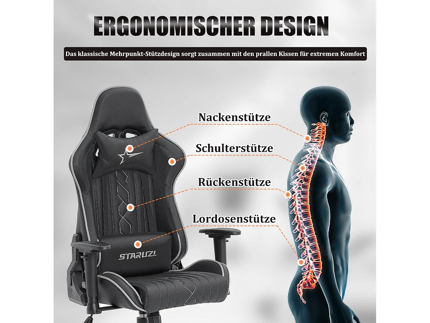 NETTLIFE Chaise De Jeu Chaise De Jeu Ergonomique Avec Coussin Lombaire Réglable 150 Kg Noir Gris