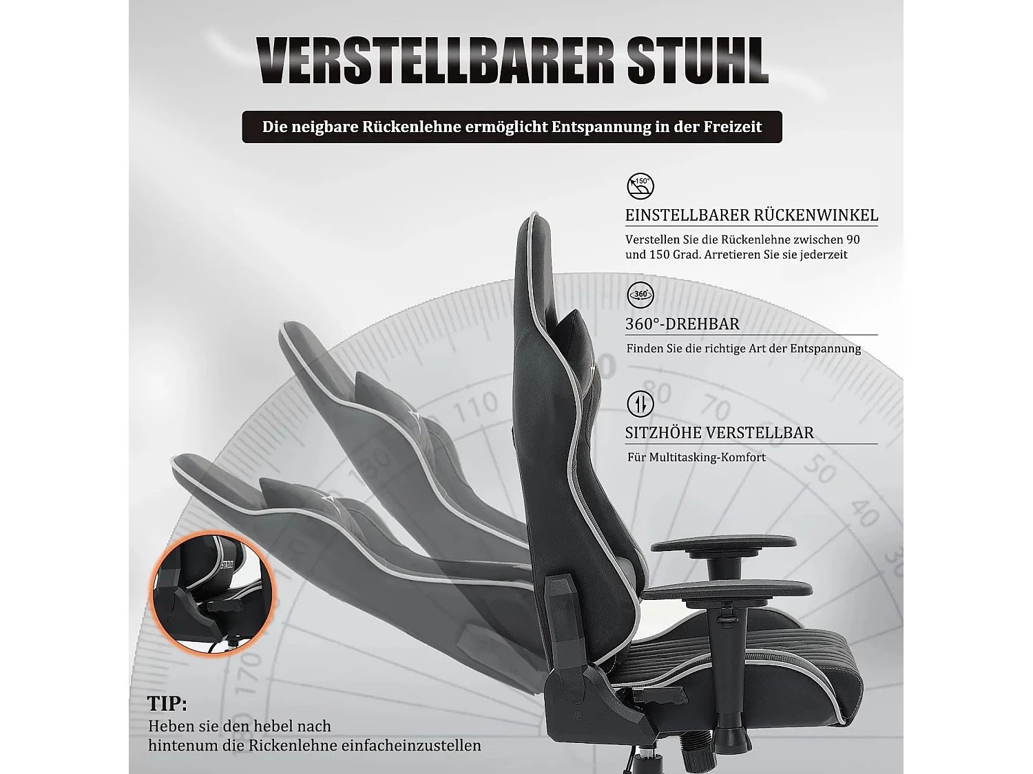 NETTLIFE Chaise De Jeu Chaise De Jeu Ergonomique Avec Coussin Lombaire Réglable 150 Kg Noir Gris