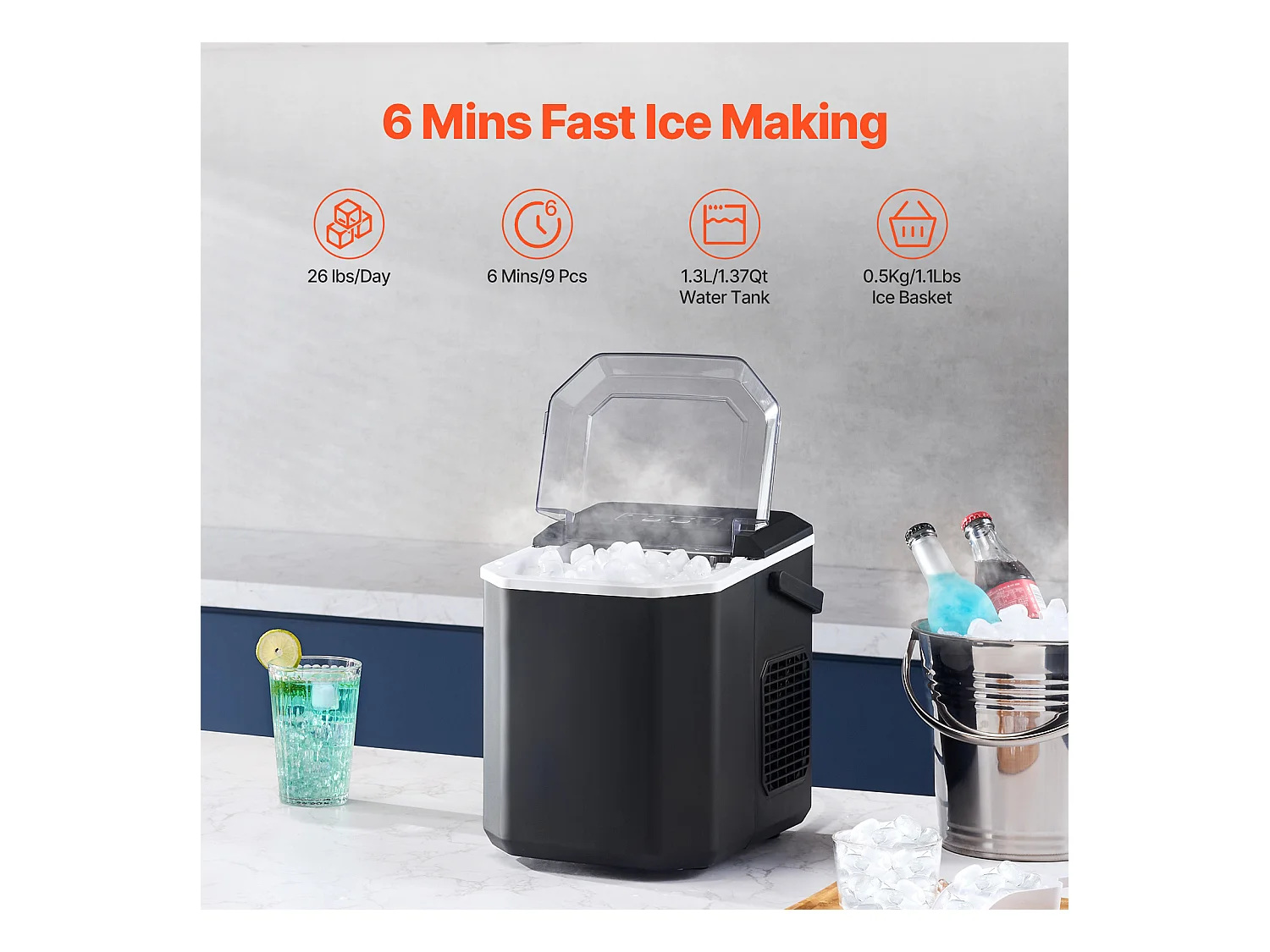 Machine à Glaçons de Comptoir SucceBuy 11.79kg/24 h avec Autonettoyage, Pelle et Panier