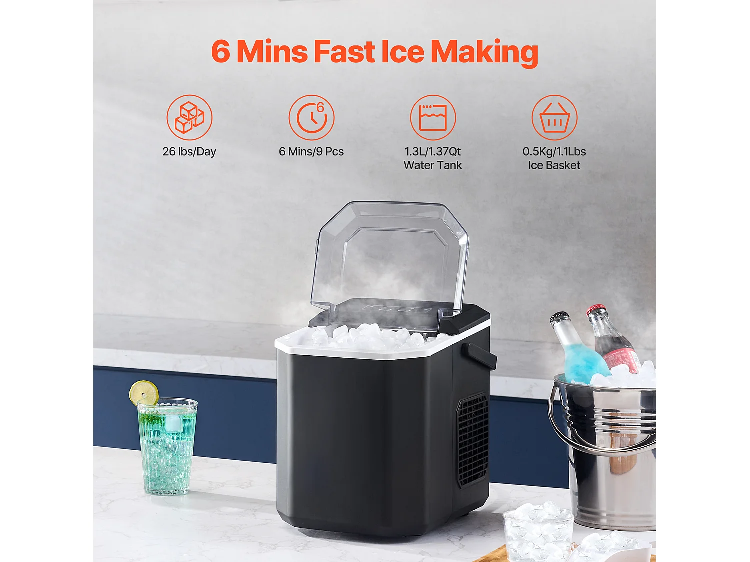 Machine à Glaçons de Comptoir SucceBuy 11.79kg/24 h avec Autonettoyage, Pelle et Panier