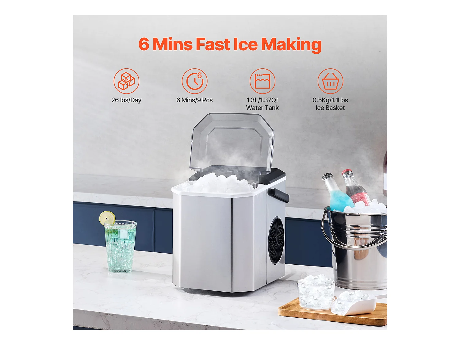 Machine à Glaçons de Comptoir SucceBuy, 11.79kg de Glace en 24 h, Autonettoyante, avec Pelle et Panier