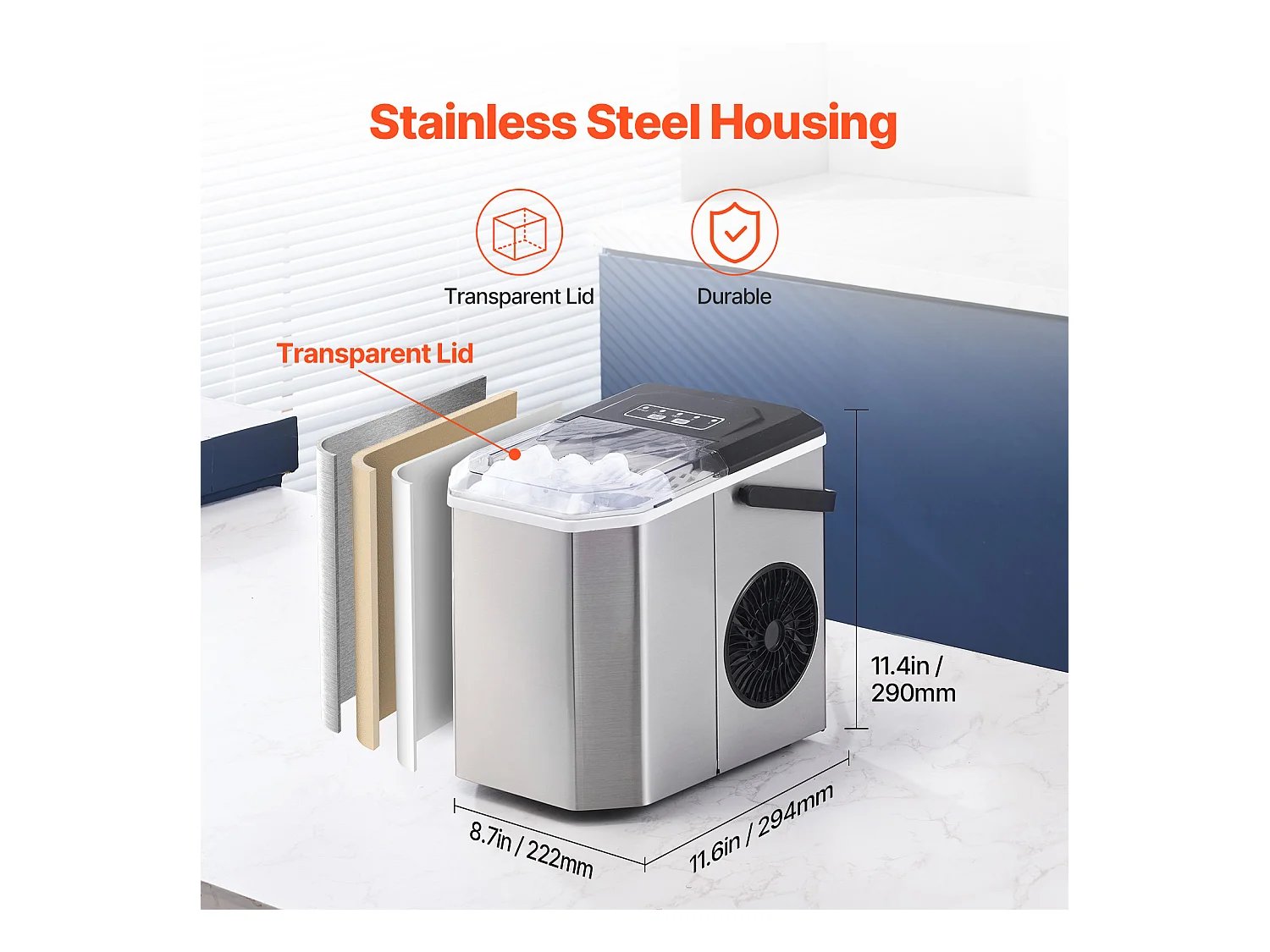 Machine à Glaçons de Comptoir SucceBuy, 11.79kg de Glace en 24 h, Autonettoyante, avec Pelle et Panier