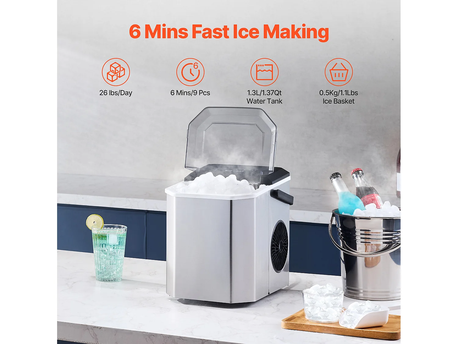 Machine à Glaçons de Comptoir SucceBuy, 11.79kg de Glace en 24 h, Autonettoyante, avec Pelle et Panier