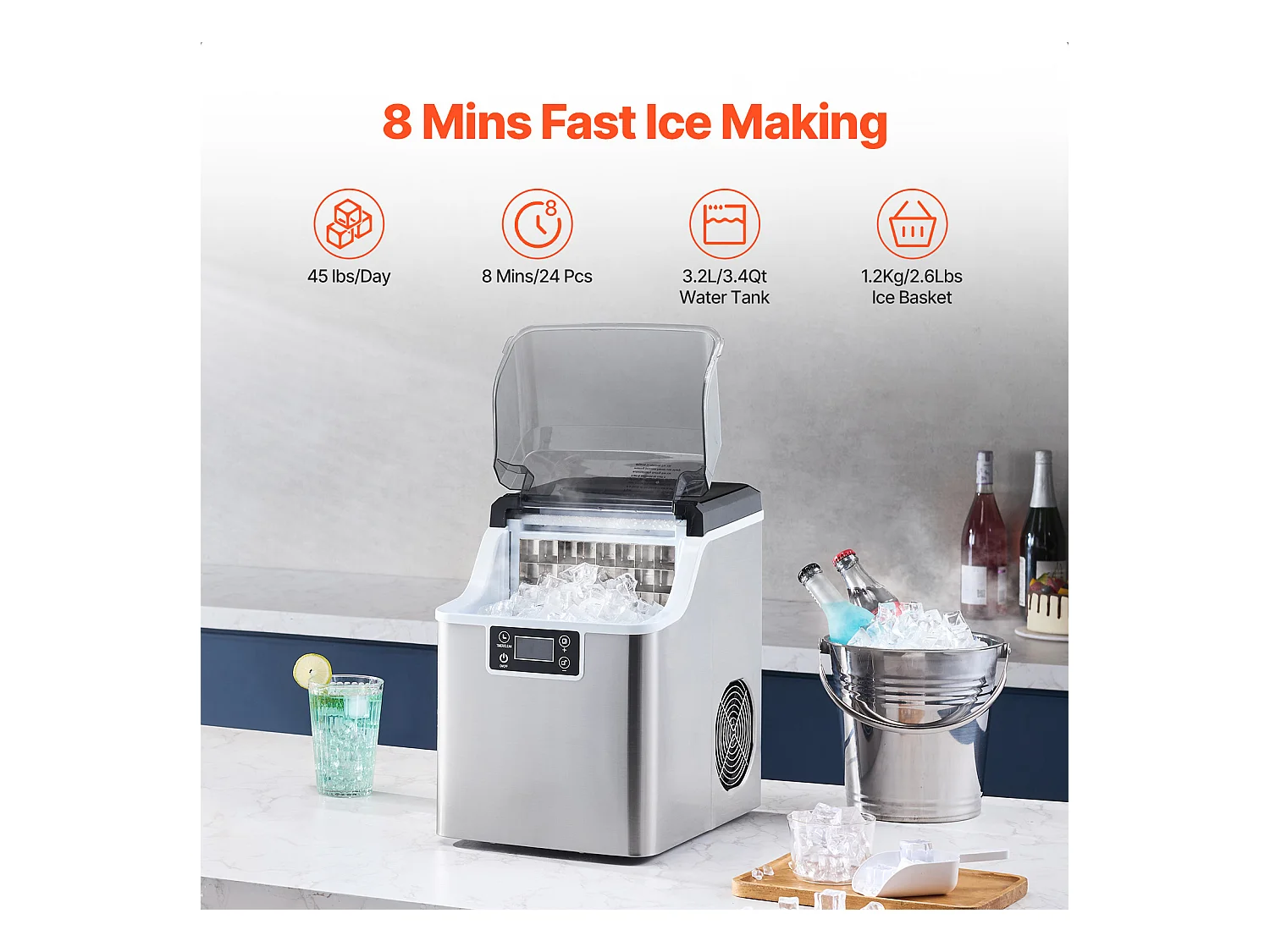 Machine à Glaçons de Comptoir SucceBuy, 20.41kg de Glace en 24 h, Autonettoyante, avec Pelle et Panier