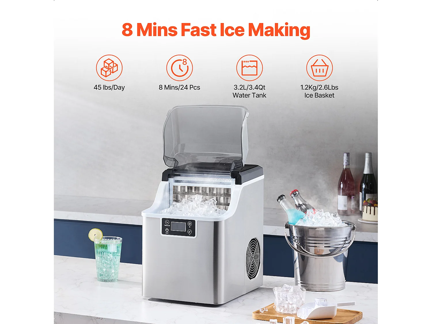 Macchina Per Ghiaccio Da Banco SucceBuy, 20.41 kg Di Ghiaccio In 24 Ore, Auto-pulente, Con Paletta E Cesto