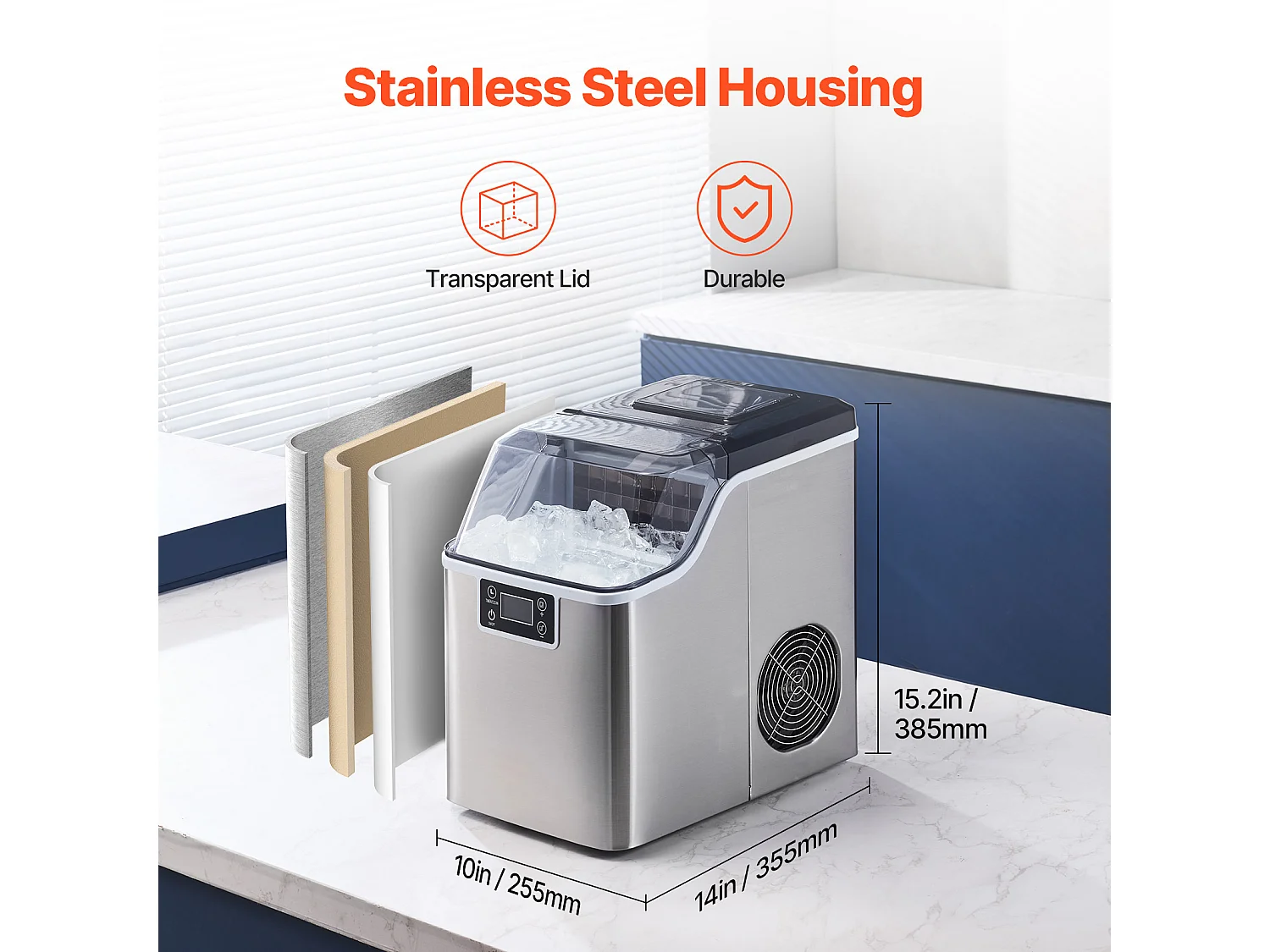 Macchina Per Ghiaccio Da Banco SucceBuy, 20.41 kg Di Ghiaccio In 24 Ore, Auto-pulente, Con Paletta E Cesto