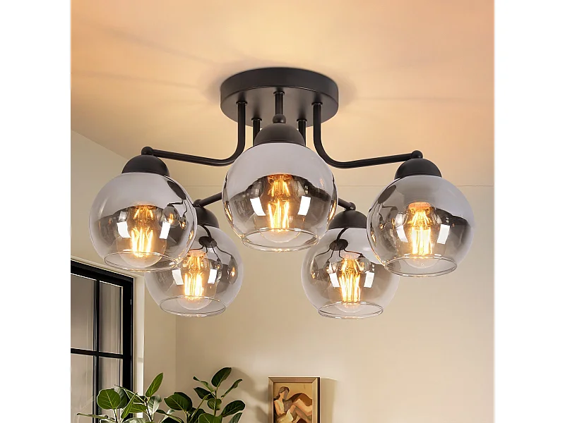 Plafonnier NETTLIFE en verre vintage : noir 5 lumières gris fumé en métal E27