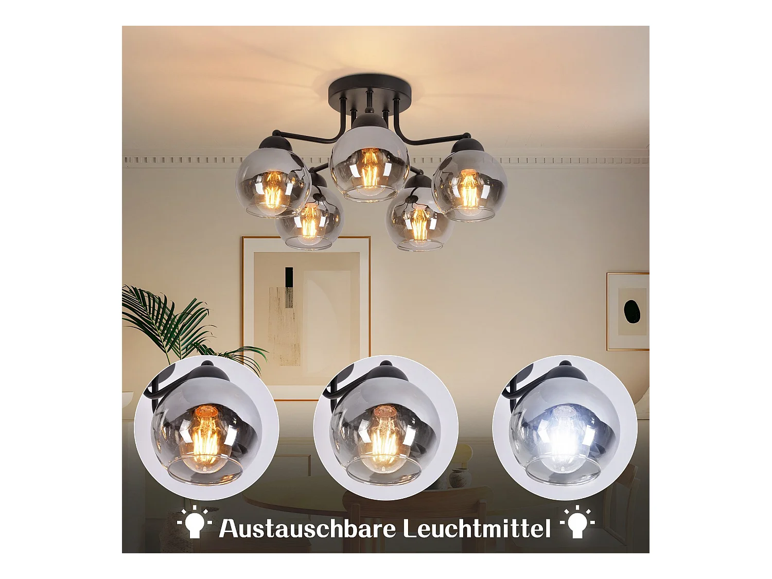 Plafonnier NETTLIFE en verre vintage : noir 5 lumières gris fumé en métal E27