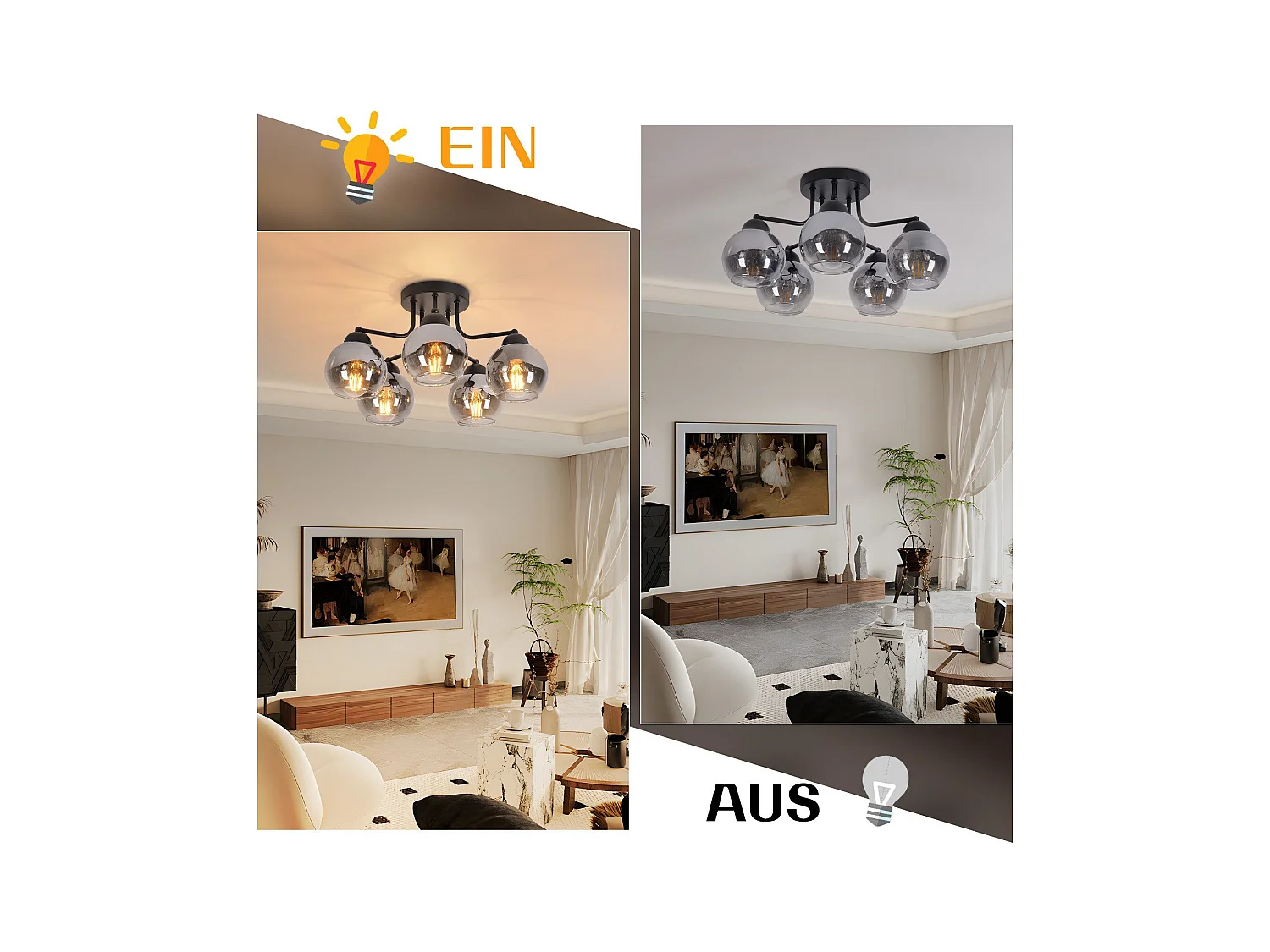 Plafonnier NETTLIFE en verre vintage : noir 5 lumières gris fumé en métal E27