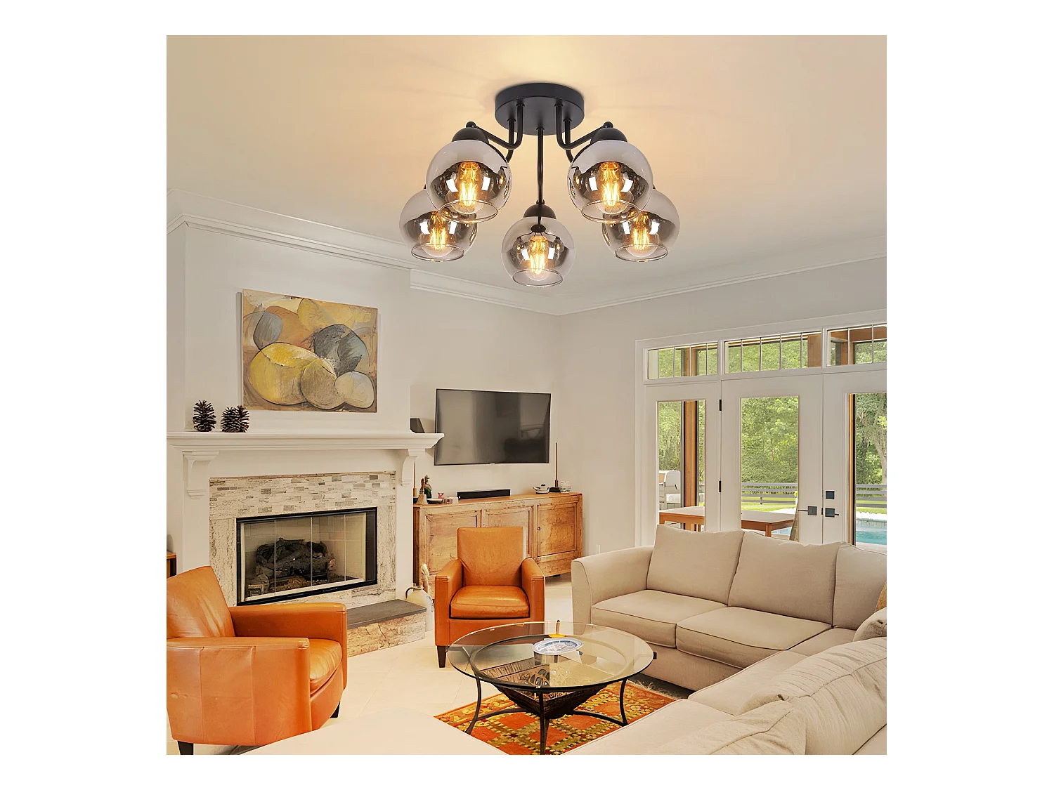 Plafonnier NETTLIFE en verre vintage : noir 5 lumières gris fumé en métal E27