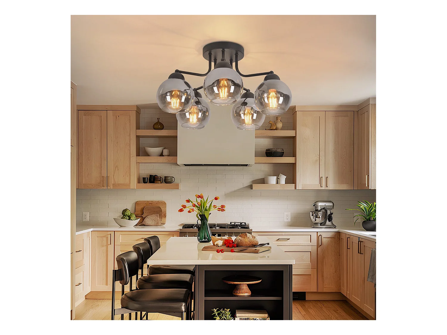 Plafonnier NETTLIFE en verre vintage : noir 5 lumières gris fumé en métal E27