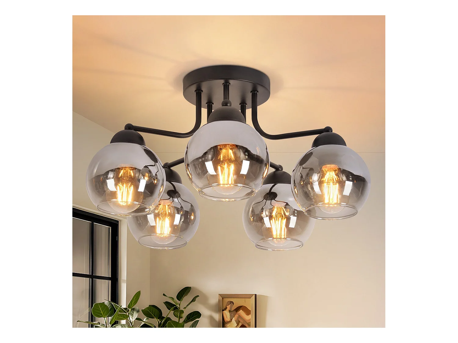 NETTLIFE Vintage glazen plafondlamp: zwart, 5 lampen, gerookt grijs metaal, E27