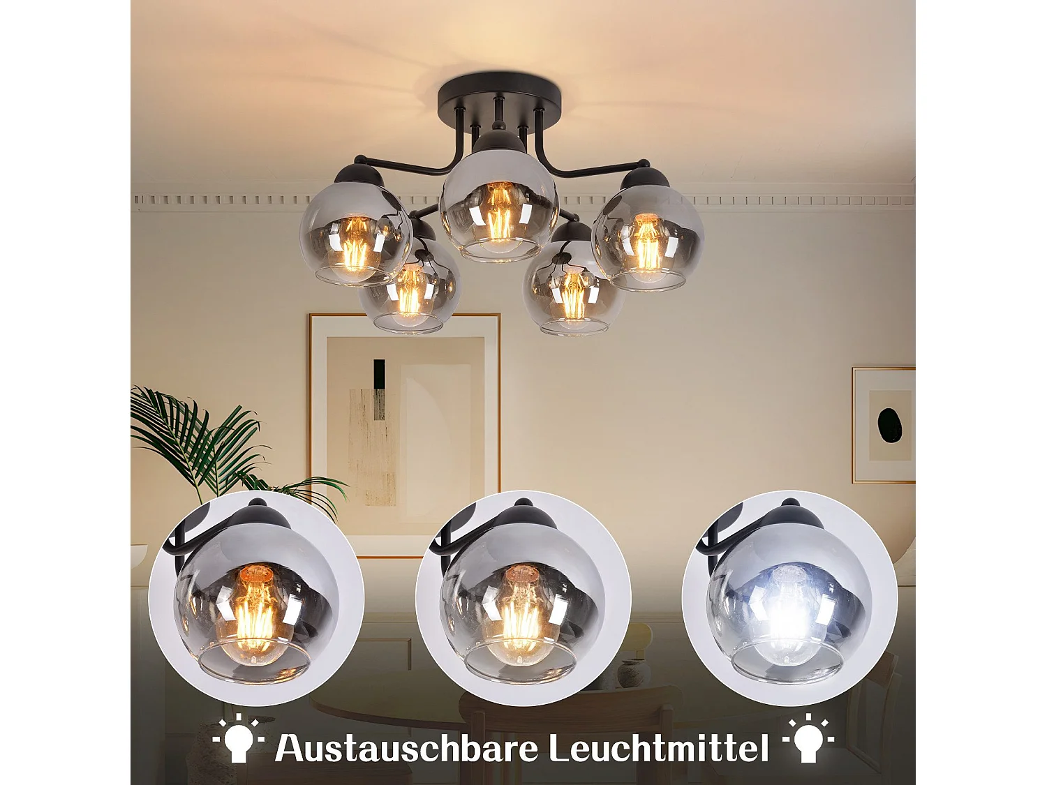 Plafonnier NETTLIFE en verre vintage : noir 5 lumières gris fumé en métal E27