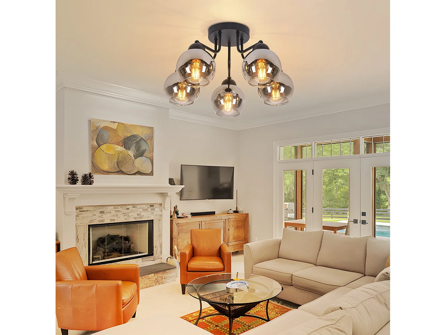 Plafonnier NETTLIFE en verre vintage : noir 5 lumières gris fumé en métal E27