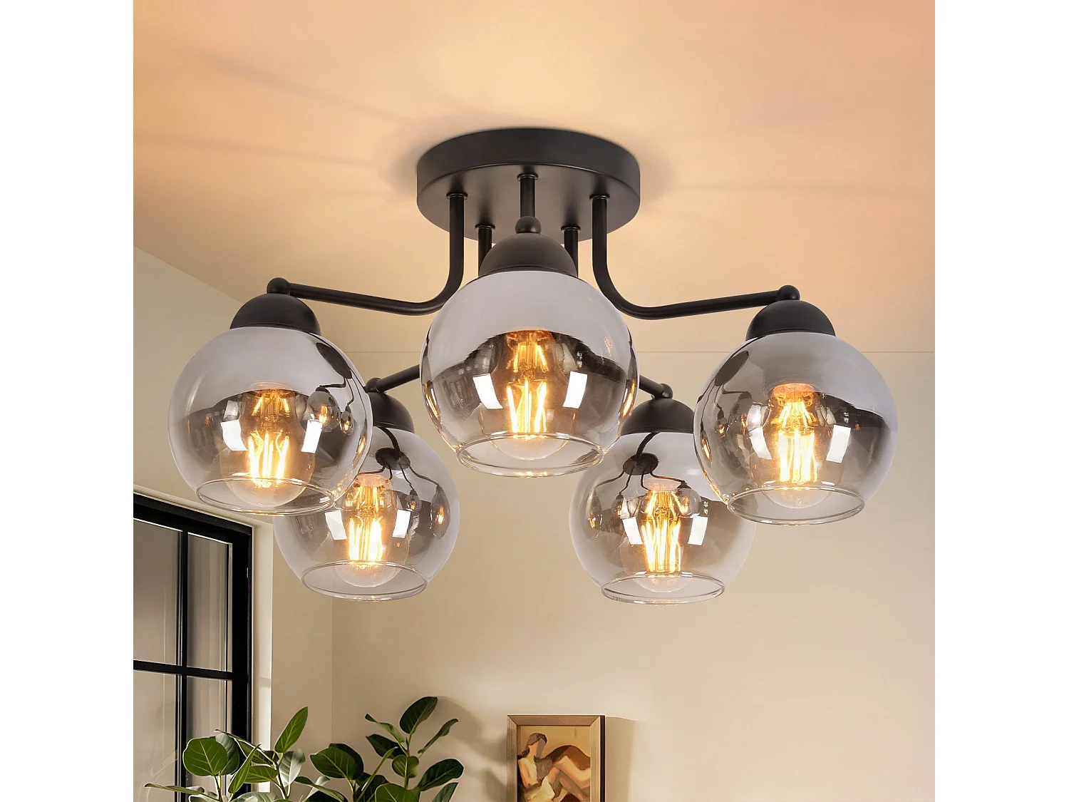 Plafonnier NETTLIFE en verre vintage : noir 5 lumières gris fumé en métal E27