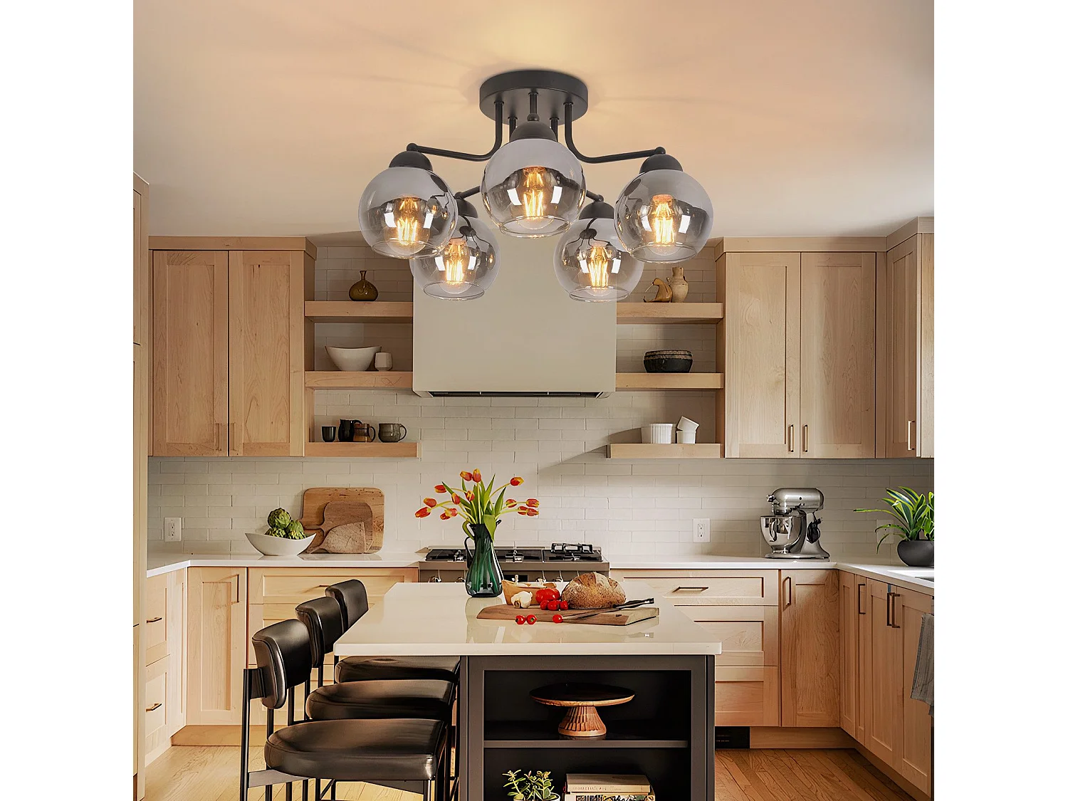 Plafonnier NETTLIFE en verre vintage : noir 5 lumières gris fumé en métal E27