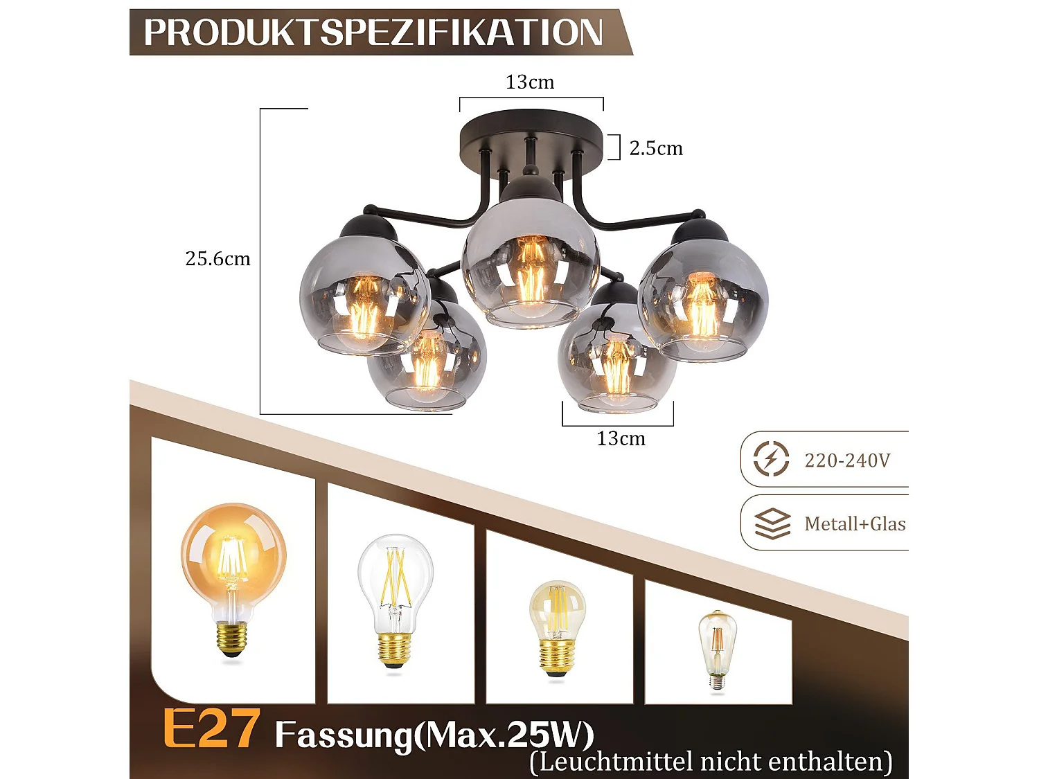 Plafonnier NETTLIFE en verre vintage : noir 5 lumières gris fumé en métal E27