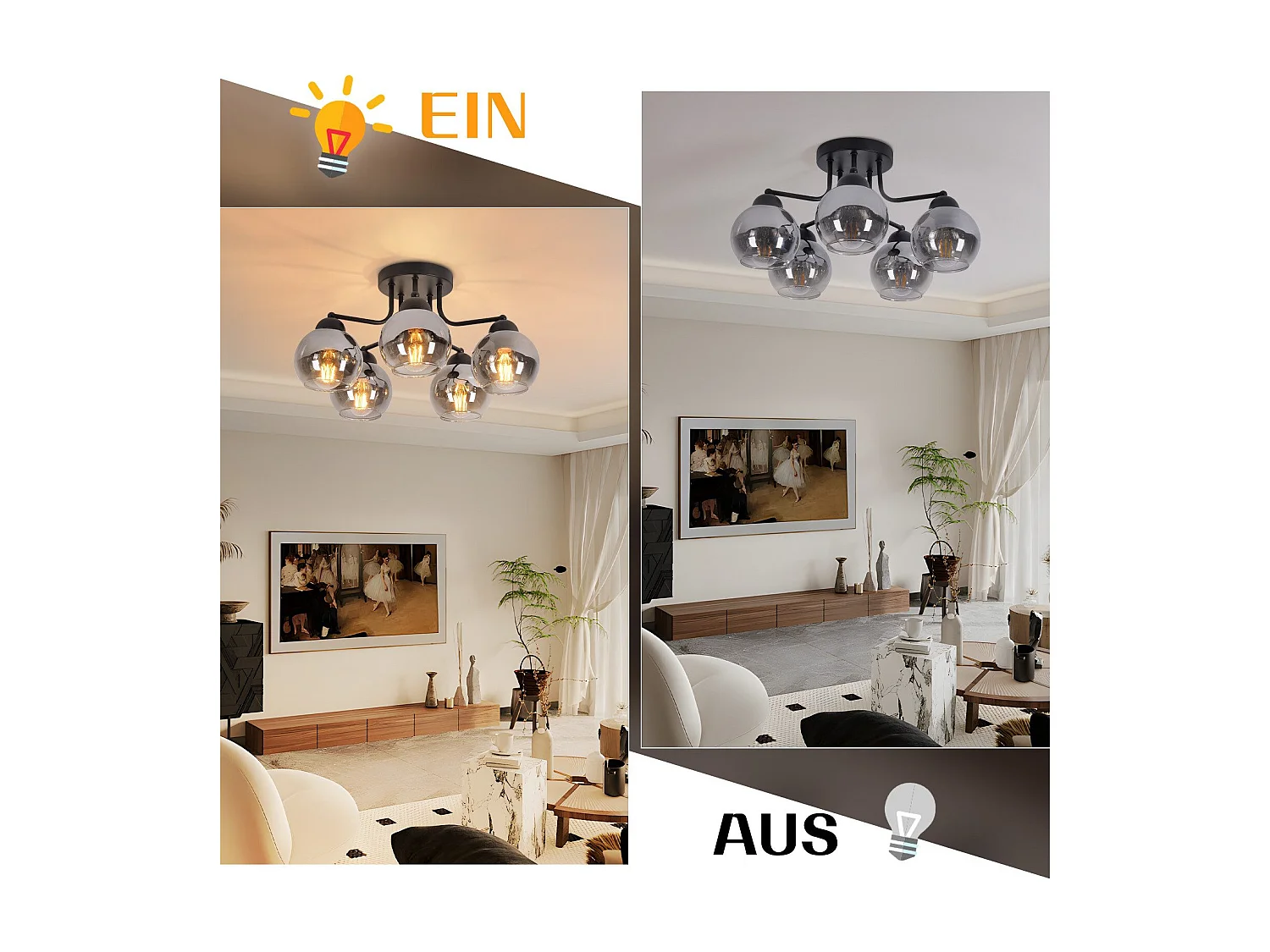 Plafonnier NETTLIFE en verre vintage : noir 5 lumières gris fumé en métal E27