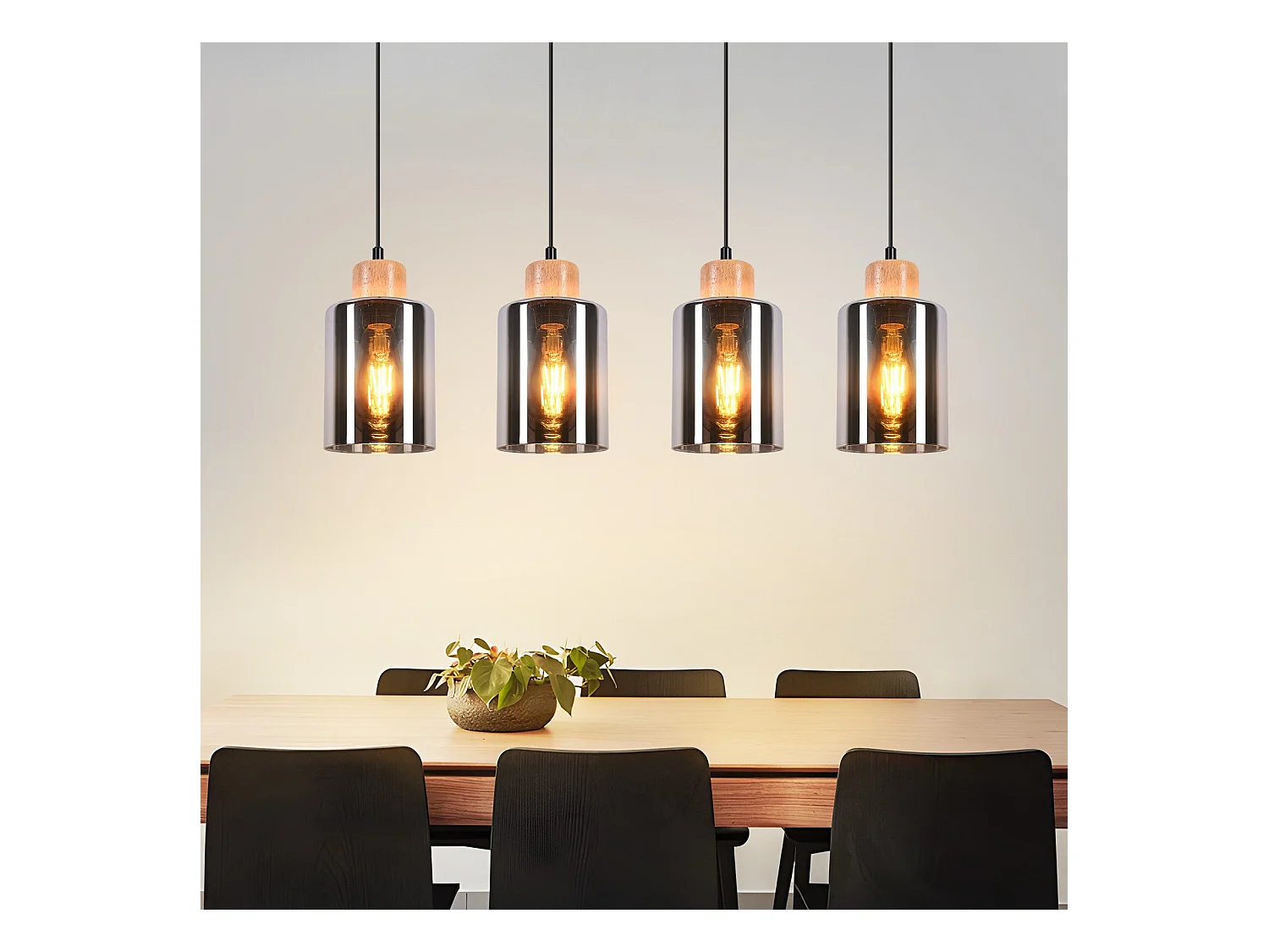 Suspension NETTLIFE pour table à manger, lampe suspendue en verre, lampe de table à manger vintage, suspension en bois, 4 flammes en verre fumé, E27