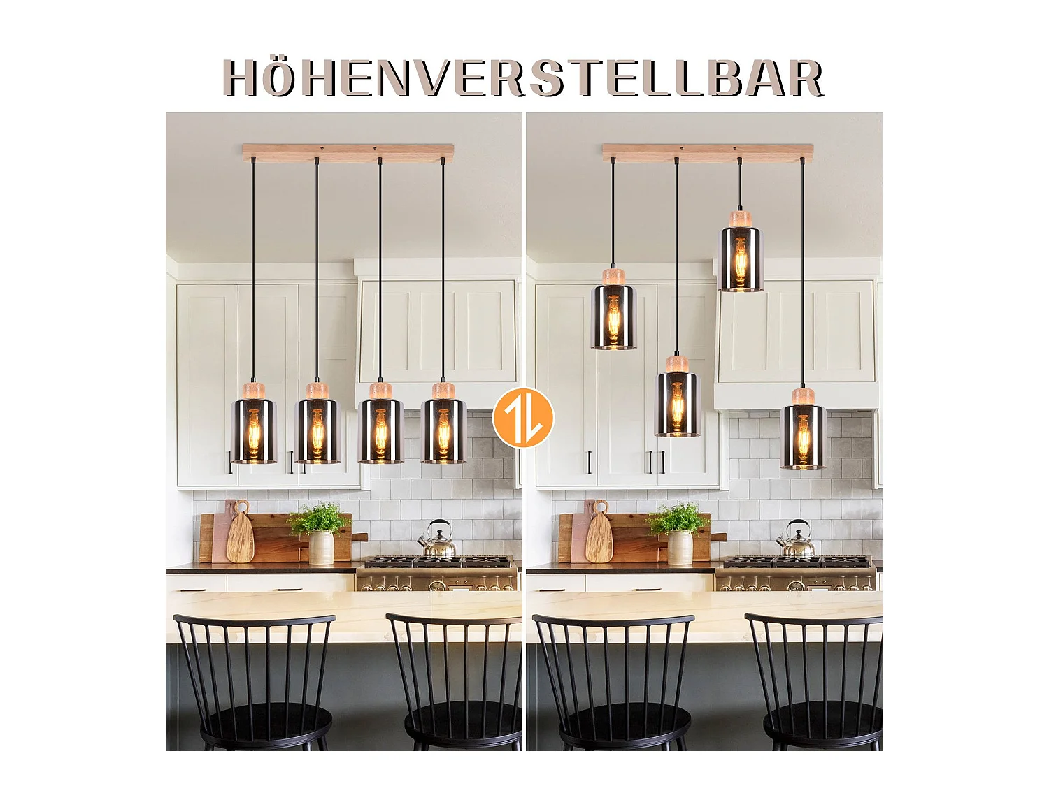 Suspension NETTLIFE pour table à manger, lampe suspendue en verre, lampe de table à manger vintage, suspension en bois, 4 flammes en verre fumé, E27