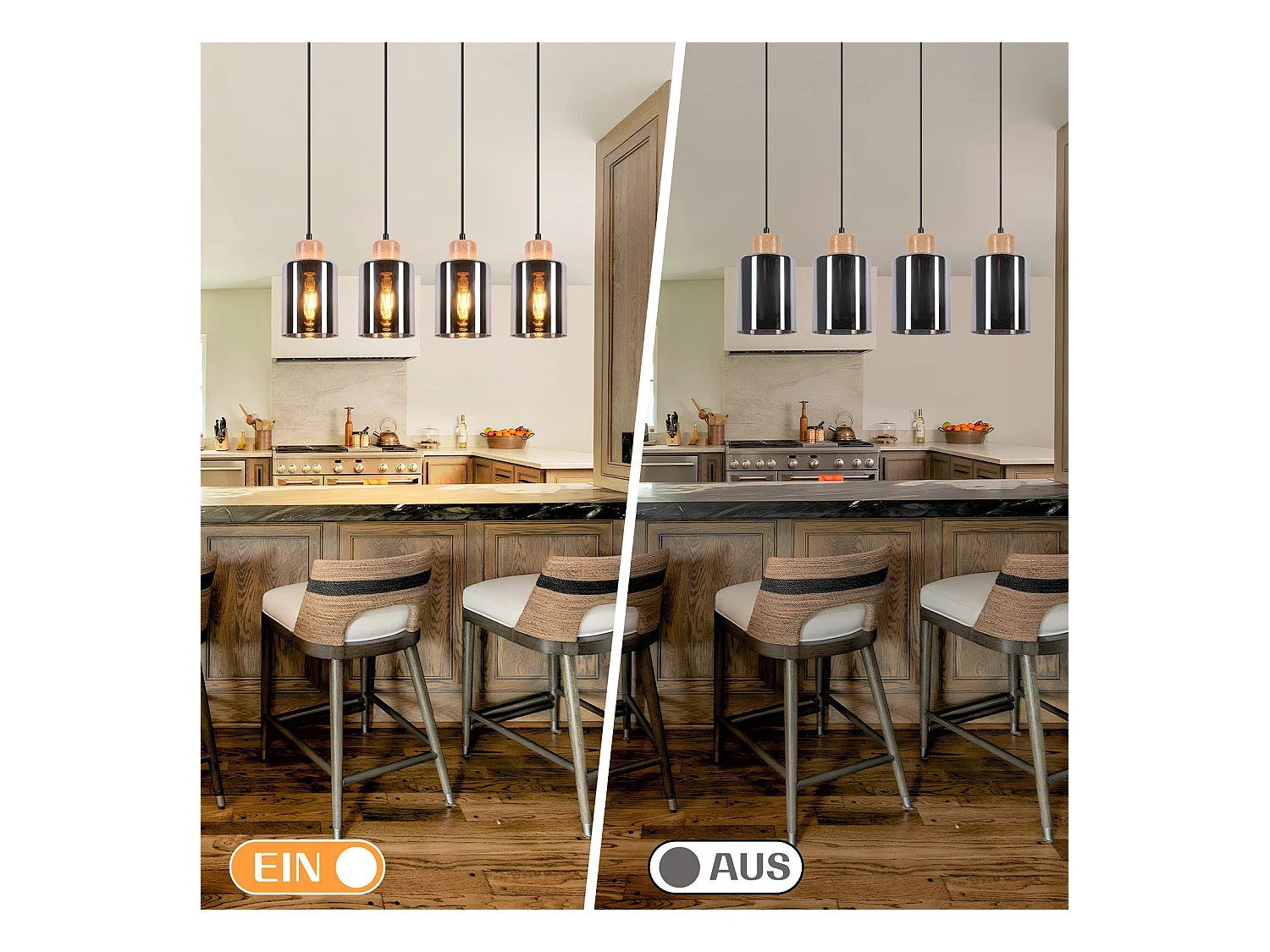 Suspension NETTLIFE pour table à manger, lampe suspendue en verre, lampe de table à manger vintage, suspension en bois, 4 flammes en verre fumé, E27