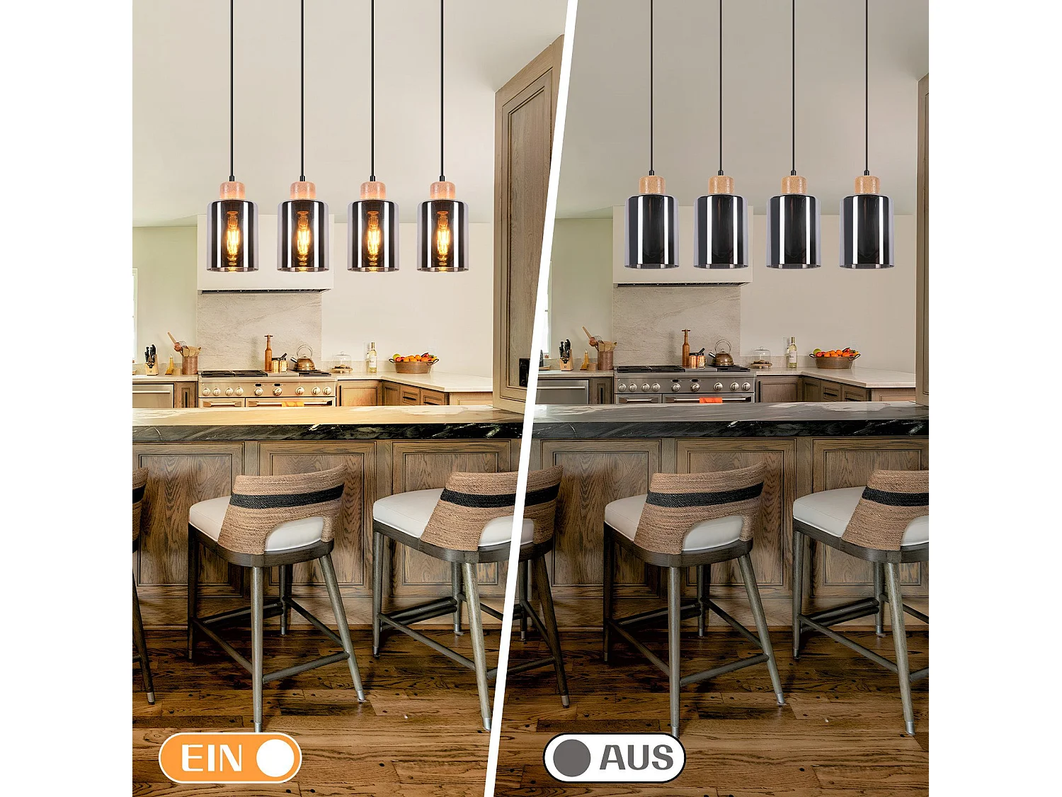 Suspension NETTLIFE pour table à manger, lampe suspendue en verre, lampe de table à manger vintage, suspension en bois, 4 flammes en verre fumé, E27