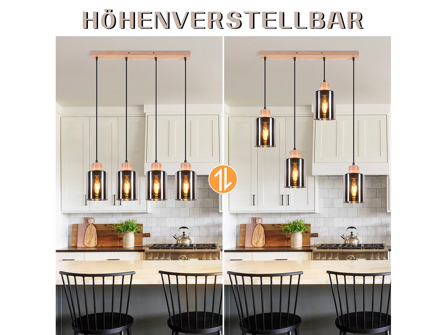 Suspension NETTLIFE pour table à manger, lampe suspendue en verre, lampe de table à manger vintage, suspension en bois, 4 flammes en verre fumé, E27