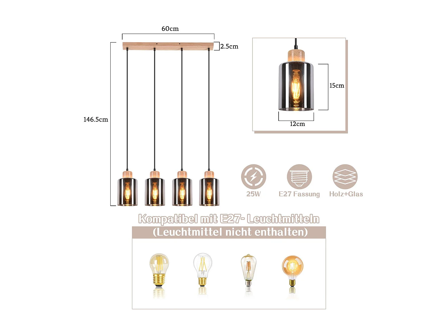 Suspension NETTLIFE pour table à manger, lampe suspendue en verre, lampe de table à manger vintage, suspension en bois, 4 flammes en verre fumé, E27
