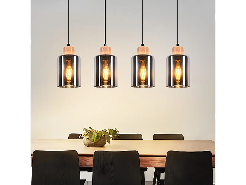 Suspension NETTLIFE pour table à manger, lampe suspendue en verre, lampe de table à manger vintage, suspension en bois, 4 flammes en verre fumé, E27
