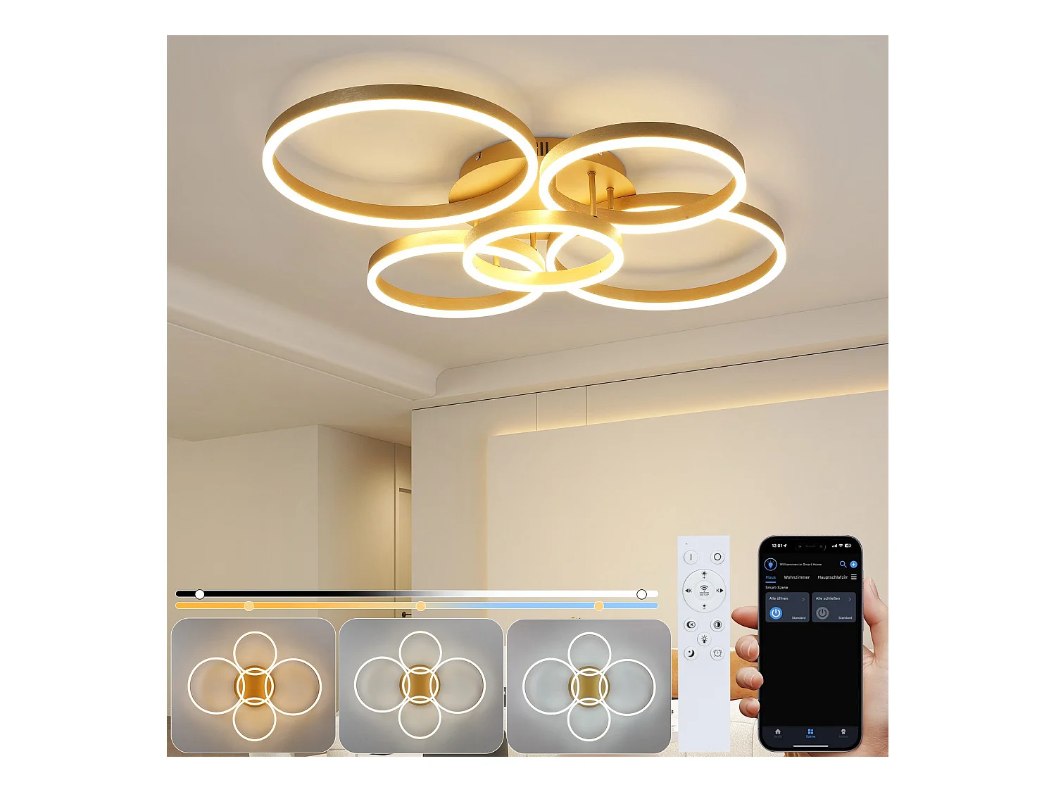 Plafonnier LED NETTLIFE doré à 2 anneaux en acrylique, 46 W, intensité variable, pour salon, moderne, 59 cm, avec télécommande