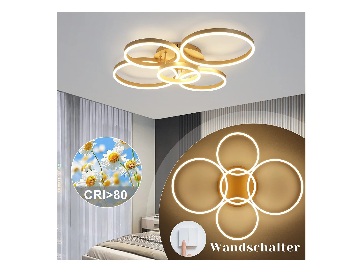 Plafonnier LED NETTLIFE doré à 2 anneaux en acrylique, 46 W, intensité variable, pour salon, moderne, 59 cm, avec télécommande