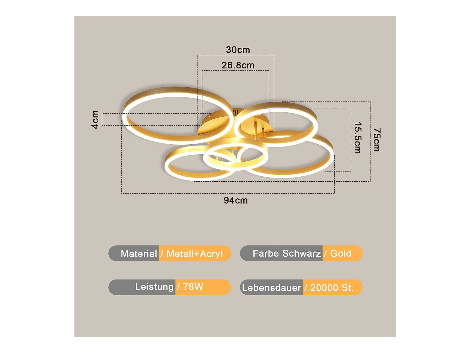 Plafonnier LED NETTLIFE doré à 2 anneaux en acrylique, 46 W, intensité variable, pour salon, moderne, 59 cm, avec télécommande