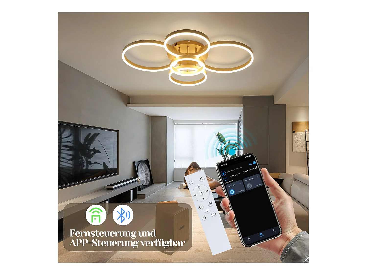 Plafonnier LED NETTLIFE doré à 2 anneaux en acrylique, 46 W, intensité variable, pour salon, moderne, 59 cm, avec télécommande