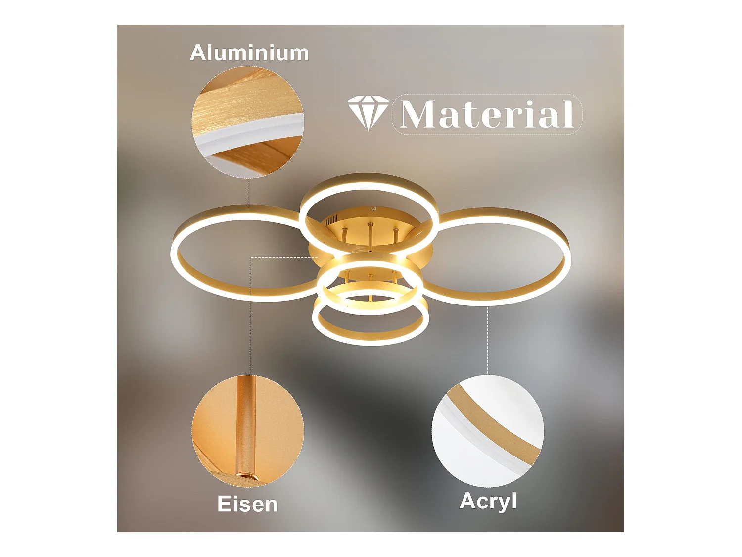 Plafonnier LED NETTLIFE doré à 2 anneaux en acrylique, 46 W, intensité variable, pour salon, moderne, 59 cm, avec télécommande