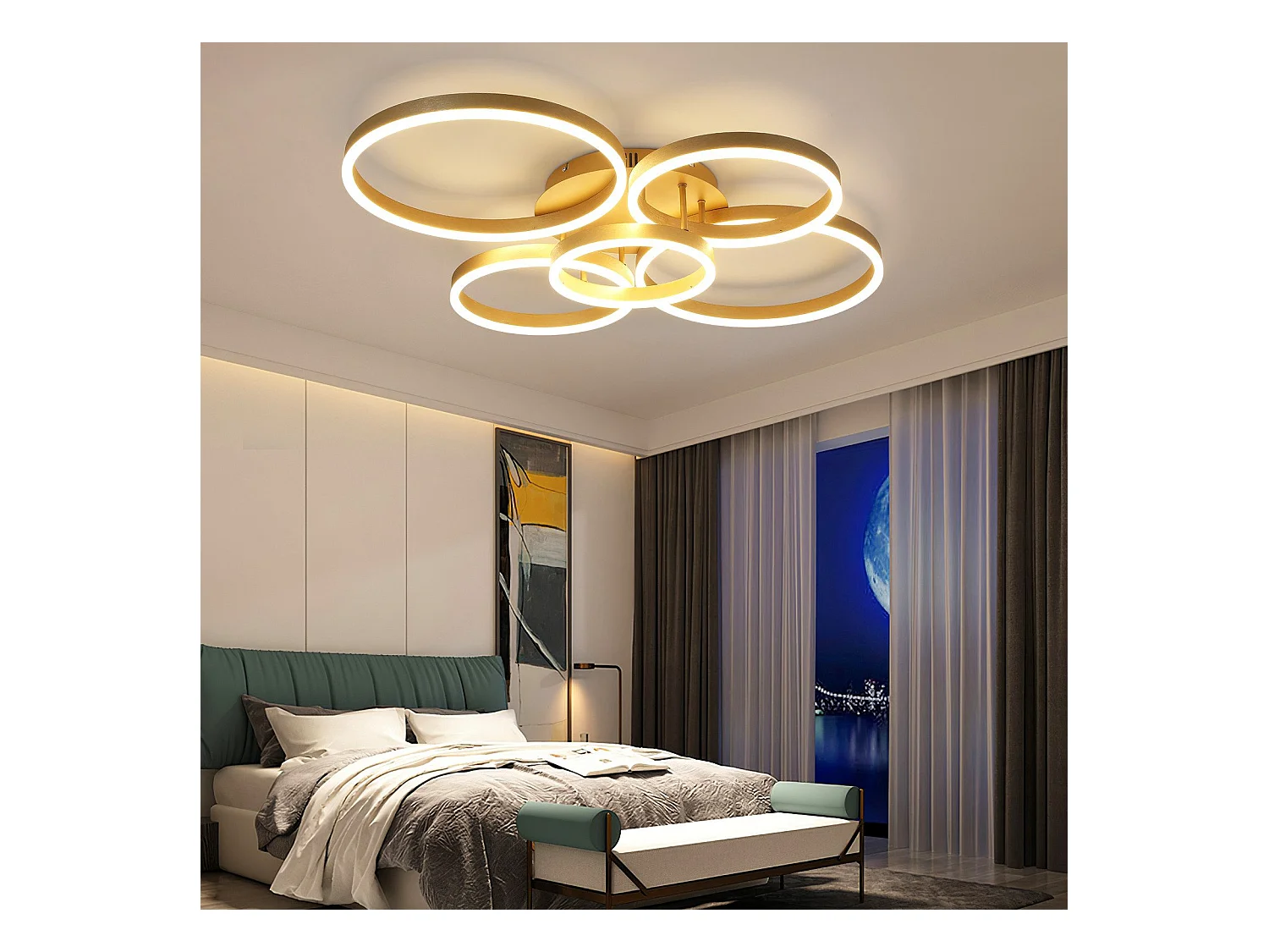 Plafonnier LED NETTLIFE doré à 2 anneaux en acrylique, 46 W, intensité variable, pour salon, moderne, 59 cm, avec télécommande