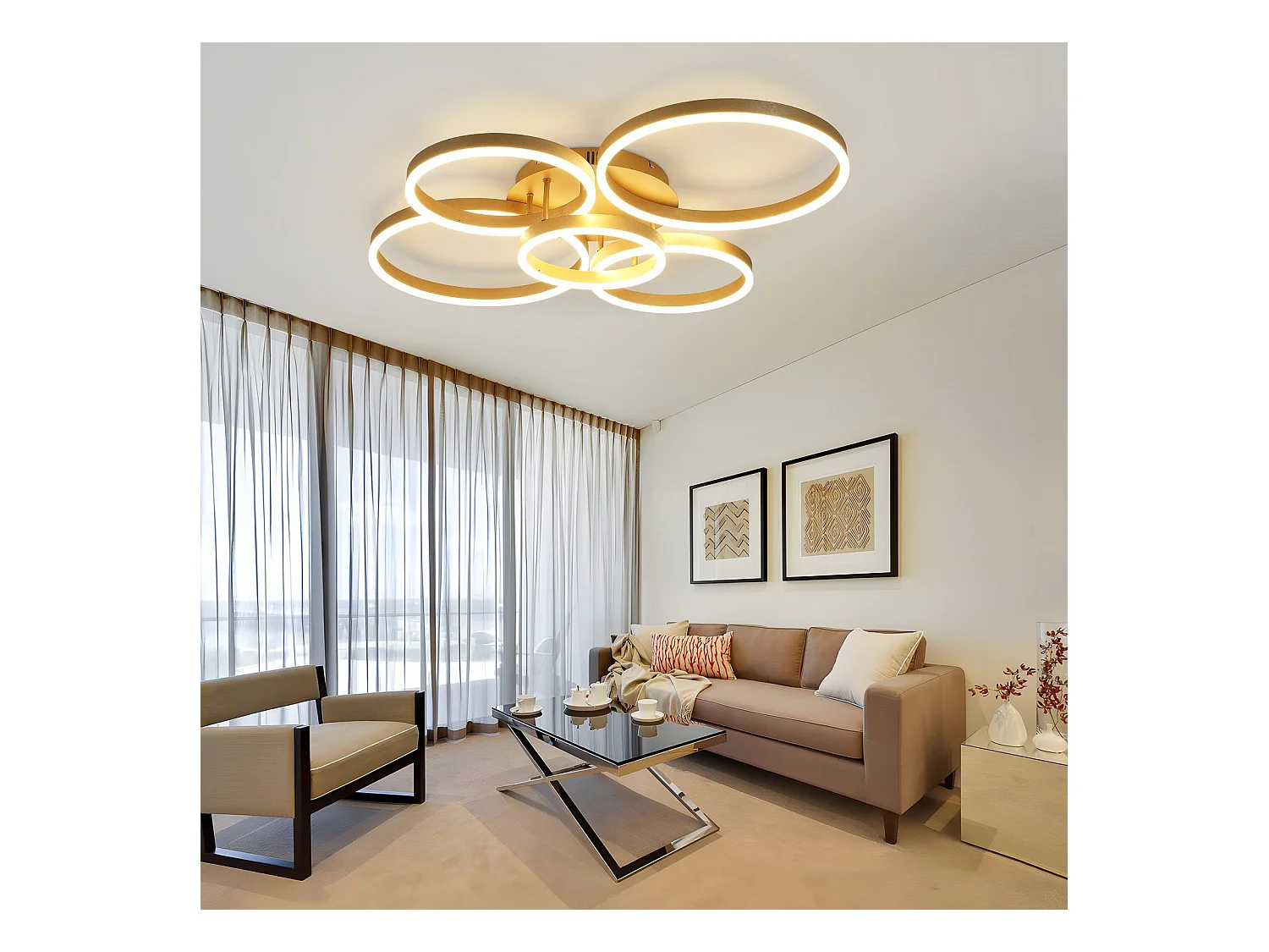 Plafonnier LED NETTLIFE doré à 2 anneaux en acrylique, 46 W, intensité variable, pour salon, moderne, 59 cm, avec télécommande