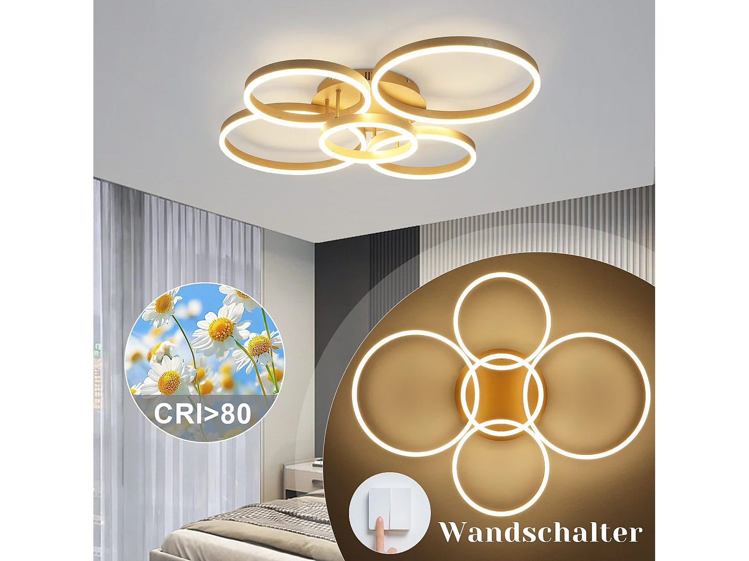 Plafonnier LED NETTLIFE doré à 2 anneaux en acrylique, 46 W, intensité variable, pour salon, moderne, 59 cm, avec télécommande