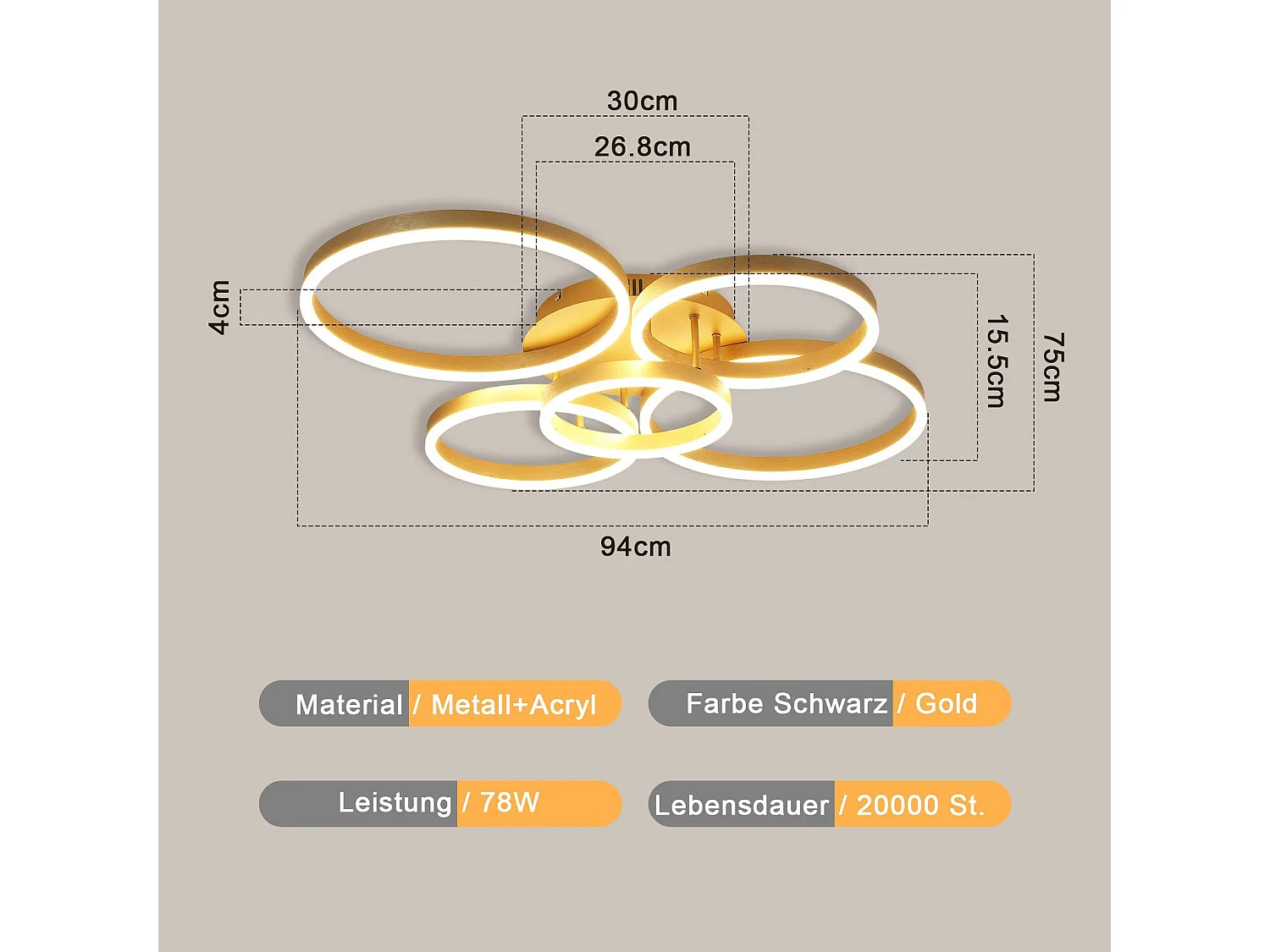 Plafonnier LED NETTLIFE doré à 2 anneaux en acrylique, 46 W, intensité variable, pour salon, moderne, 59 cm, avec télécommande