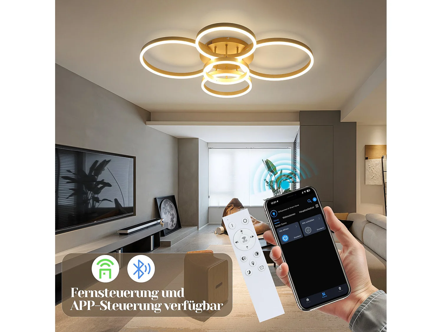 Plafonnier LED NETTLIFE doré à 2 anneaux en acrylique, 46 W, intensité variable, pour salon, moderne, 59 cm, avec télécommande