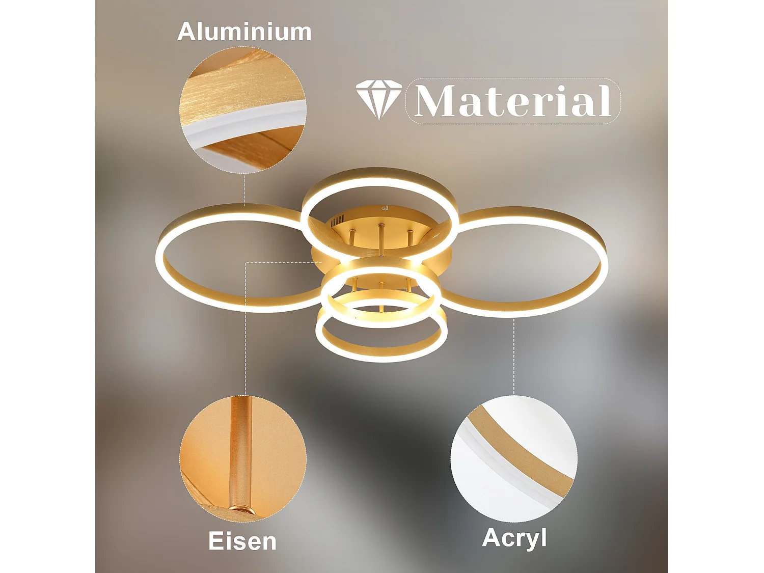 Plafonnier LED NETTLIFE doré à 2 anneaux en acrylique, 46 W, intensité variable, pour salon, moderne, 59 cm, avec télécommande