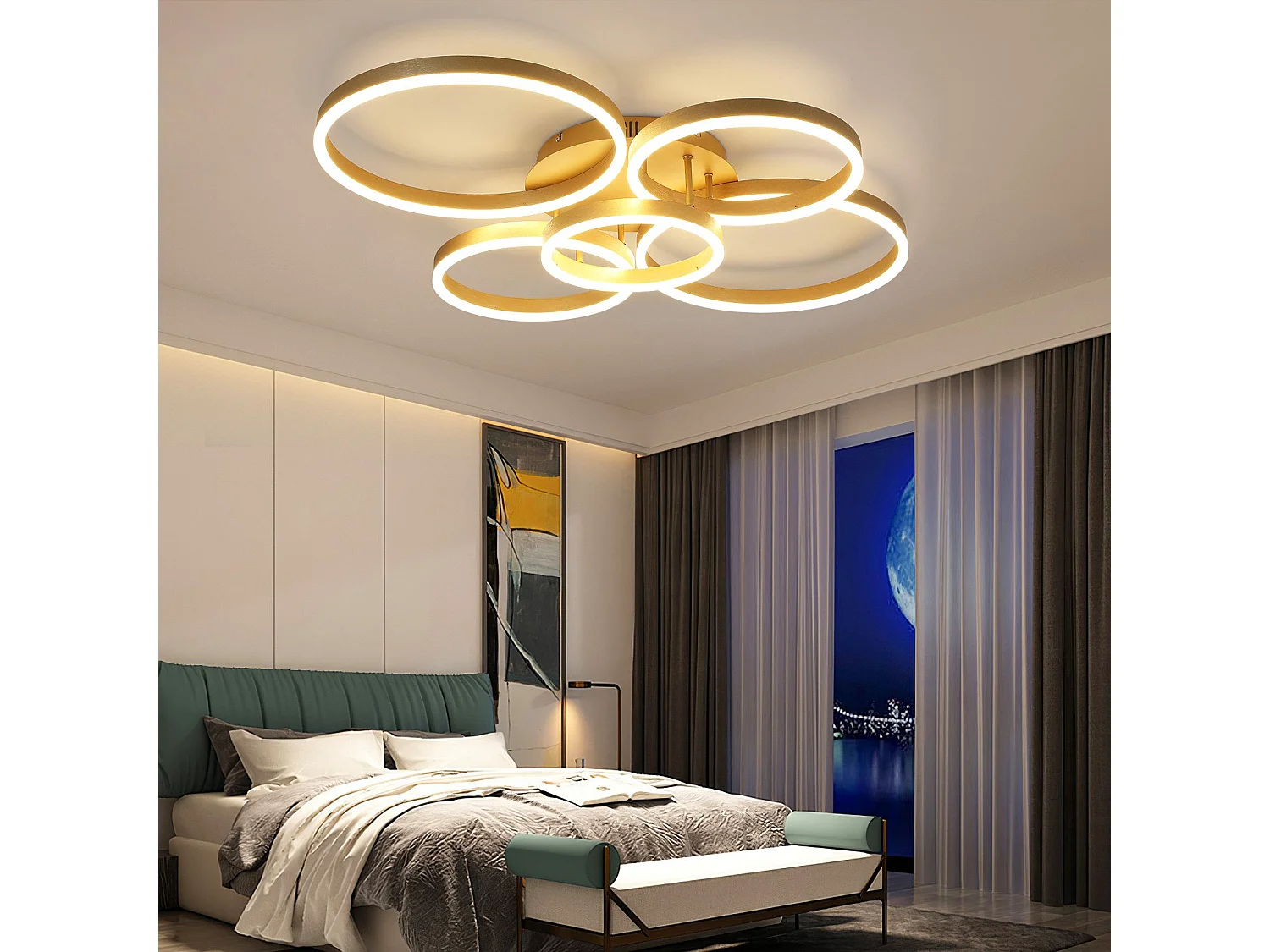 Plafonnier LED NETTLIFE doré à 2 anneaux en acrylique, 46 W, intensité variable, pour salon, moderne, 59 cm, avec télécommande